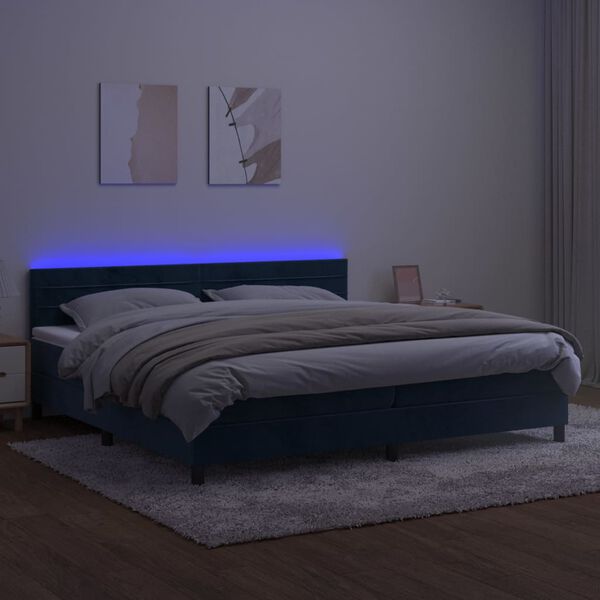 vidaXL Box spring postel s matrac&iacute; a LED tmavě modr&aacute; 200x200 cm samet