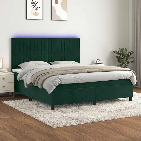 vidaXL Box spring postel s matrac&iacute; a LED tmavě zelen&aacute; 180x200 cm samet