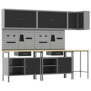 vidaXL Sada pracovn&iacute; skř&iacute;ně se z&aacute;suvkou s polic&iacute; 10 pcs Čern&aacute; a &scaron;ed&aacute;