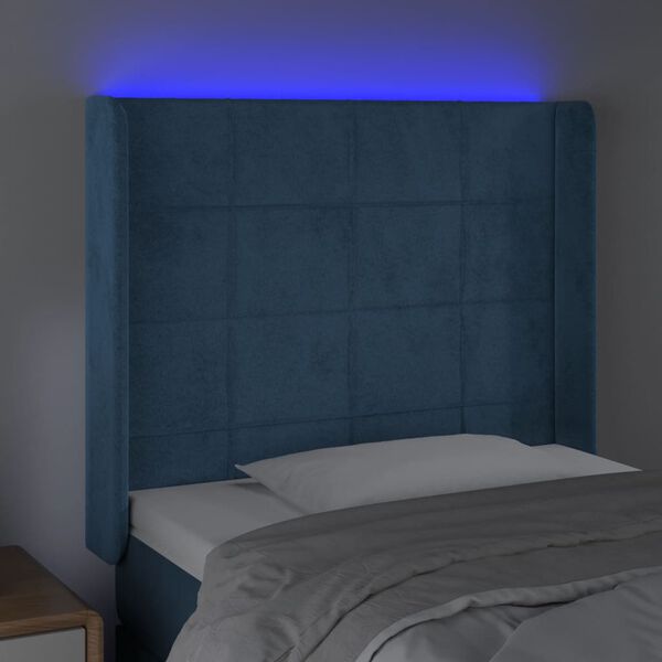 vidaXL Čelo postele s LED tmavě modr&eacute; 103 x 16 x 118/128 cm textil
