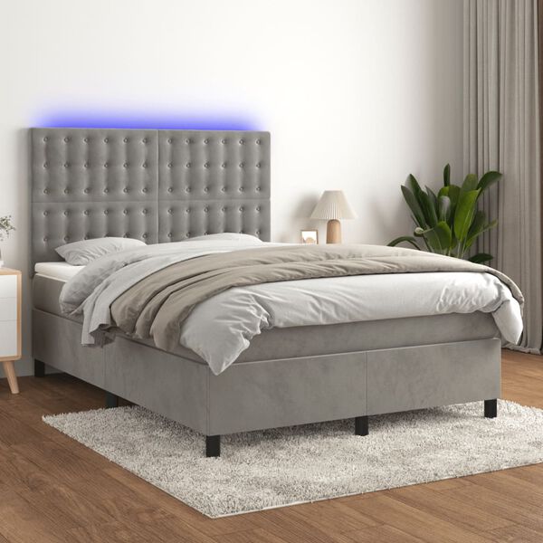 vidaXL Box spring postel s matrac&iacute; a LED světle &scaron;ed&aacute; 140x200 cm samet