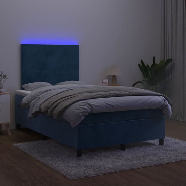 vidaXL Box spring postel s matrac&iacute; a LED tmavě modr&aacute; 120x200 cm samet