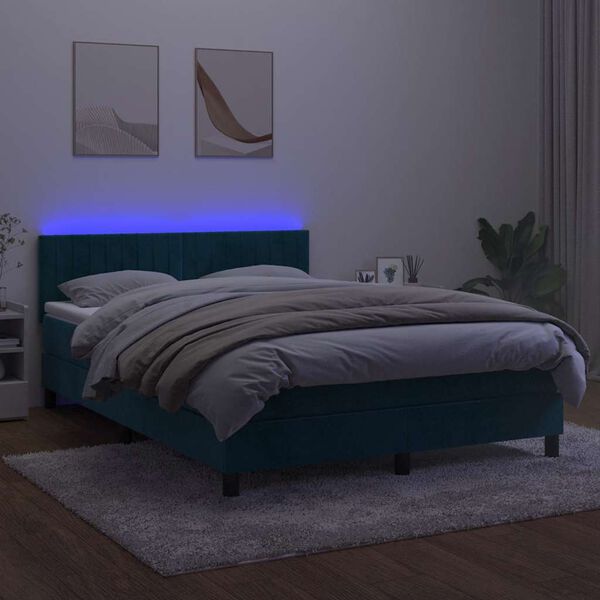 vidaXL Box spring postel s matrac&iacute; a LED tmavě modr&aacute; 140x190 cm samet