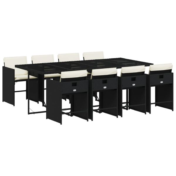 vidaXL 9d&iacute;ln&yacute; zahradn&iacute; j&iacute;deln&iacute; set s podu&scaron;kami čern&yacute; polyratan