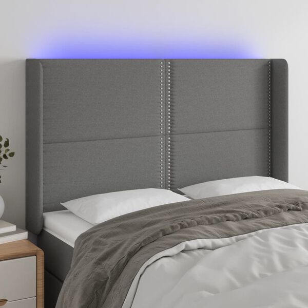 vidaXL Čelo postele s LED tmavě &scaron;ed&eacute; 147 x 16 x 118/128 cm textil