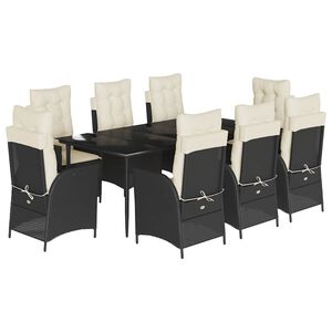 vidaXL 9d&iacute;ln&yacute; zahradn&iacute; j&iacute;deln&iacute; set s podu&scaron;kami čern&yacute; polyratan