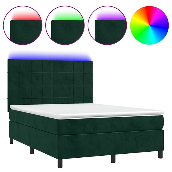 vidaXL Box spring postel s matrac&iacute; a LED tmavě zelen&aacute; 140x190 cm samet