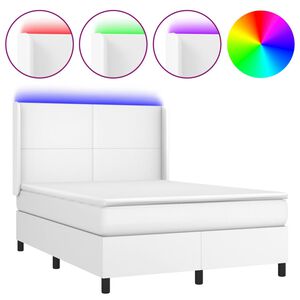 vidaXL Box spring postel s matrac&iacute; a LED b&iacute;l&aacute; 140x200 cm uměl&aacute; kůže