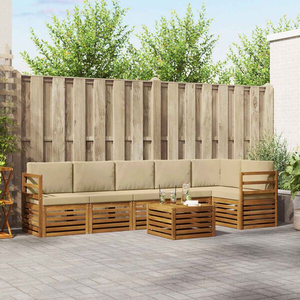 vidaXL Rohov&aacute; sofa sada 7 pcs Přirozen&aacute; a B&eacute;žov&aacute; Masivn&iacute; ak&aacute;tov&eacute; dřevo