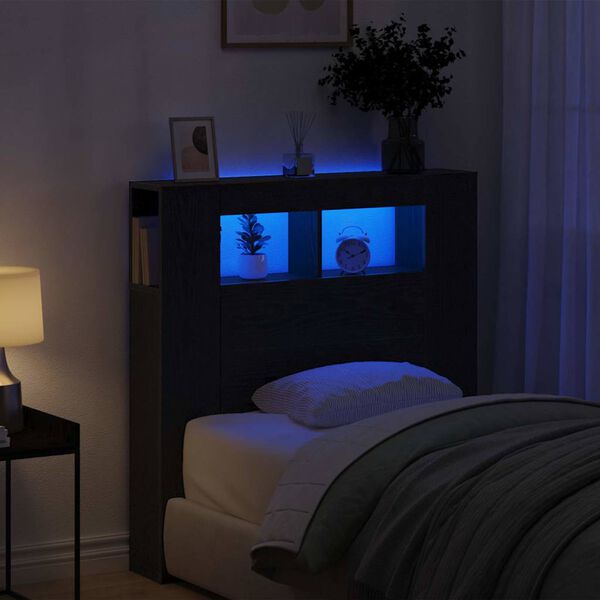 vidaXL LED hlavov&aacute; deska s polic&iacute; Čern&yacute; dub 100 x 18,5 x 103,5 cm