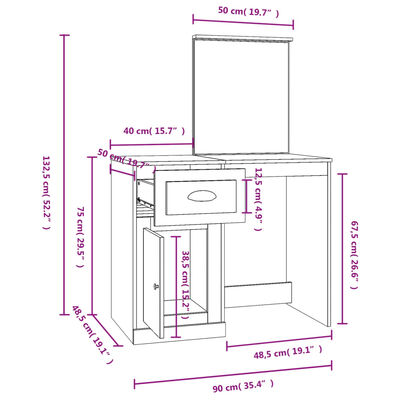 vidaXL Toaletní stolek se zrcadlem kouřový dub 90x50x132,5 cm kompozit