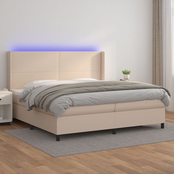 vidaXL Box spring postel matrace a LED cappuccino 200x200cm uměl&aacute; kůže