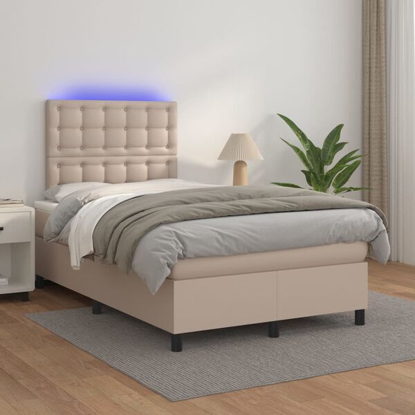vidaXL Box spring postel matrace a LED cappuccino 120x200cm uměl&aacute; kůže