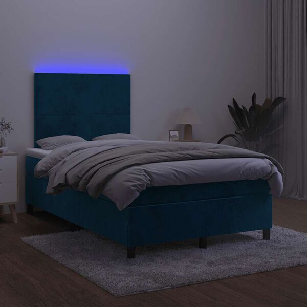 vidaXL Box spring postel s matrac&iacute; a LED tmavě modr&aacute; 120x200 cm samet