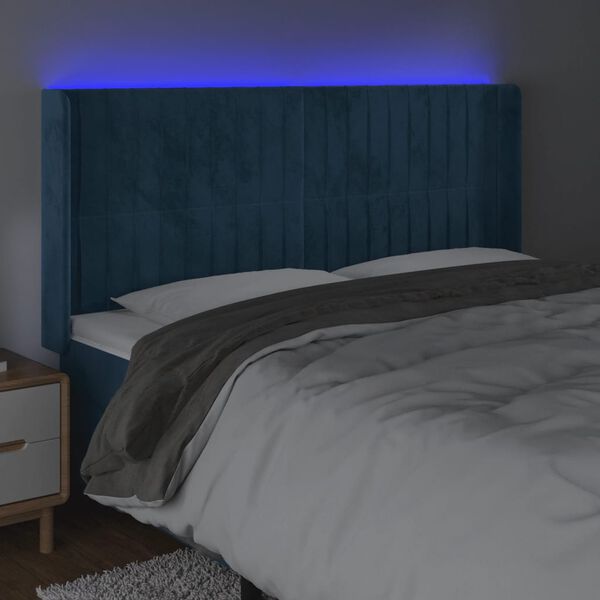 vidaXL Čelo postele s LED tmavě modr&eacute; 163 x 16 x 118/128 cm samet