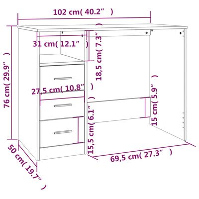 vidaXL Psací stůl se zásuvkami bílý 102 x 50 x 76 cm kompozitní dřevo