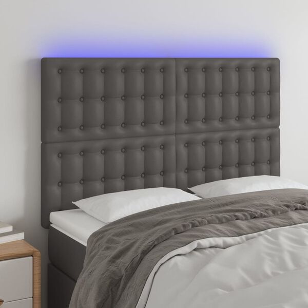 vidaXL Čelo postele s LED &scaron;ed&eacute; 144x5x118/128 cm uměl&aacute; kůže
