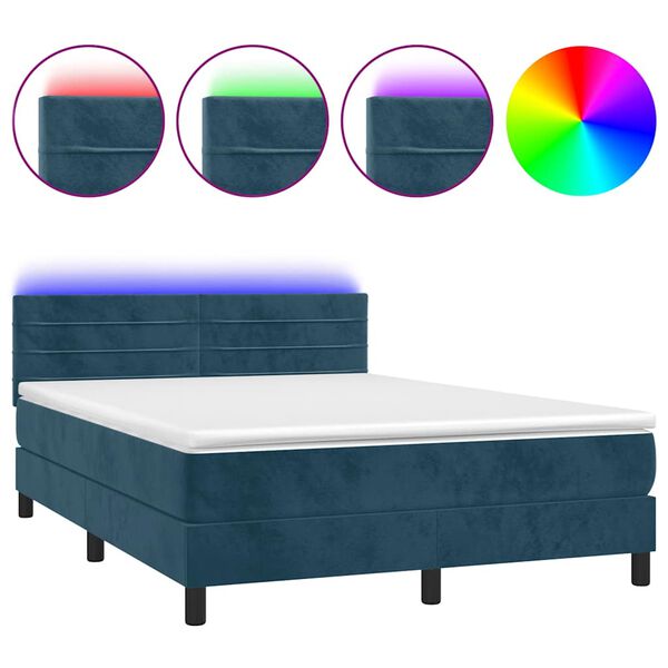 vidaXL Box spring postel s matrac&iacute; a LED tmavě modr&aacute; 140x190 cm samet