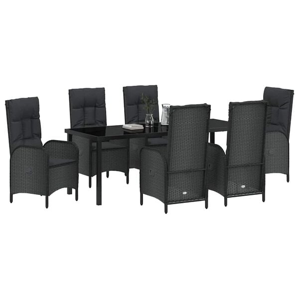 vidaXL Zahradn&iacute; j&iacute;deln&iacute; souprava s pol&scaron;t&aacute;řem 7 pcs Čern&aacute; polyratan