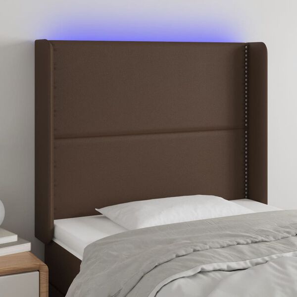 vidaXL Čelo postele s LED hněd&eacute; 93 x 16 x 118/128 cm uměl&aacute; kůže