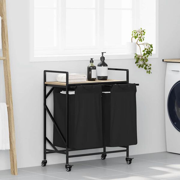 vidaXL Koš na prádlo se 2 přihrádkami a kolečky dub sonoma