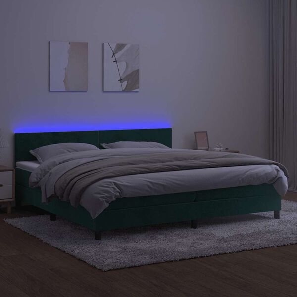 vidaXL Box spring postel s matrac&iacute; a LED tmavě zelen&aacute; 200x200 cm samet