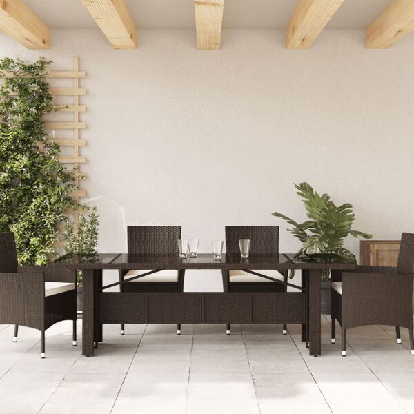 vidaXL Zahradn&iacute; stůl se skleněnou deskou hněd&yacute; 240x90x75 cm polyratan
