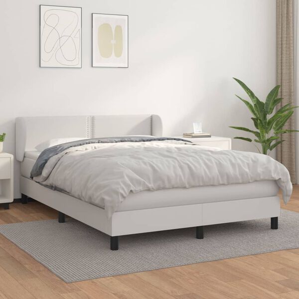 vidaXL Box spring postel s matrac&iacute; b&iacute;l&aacute; 140x200 cm uměl&aacute; kůže
