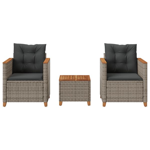 vidaXL 3dílný bistro set s poduškami šedý polyratan akáciové dřevo