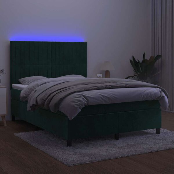 vidaXL Box spring postel s matrac&iacute; a LED tmavě zelen&aacute; 140x200 cm samet