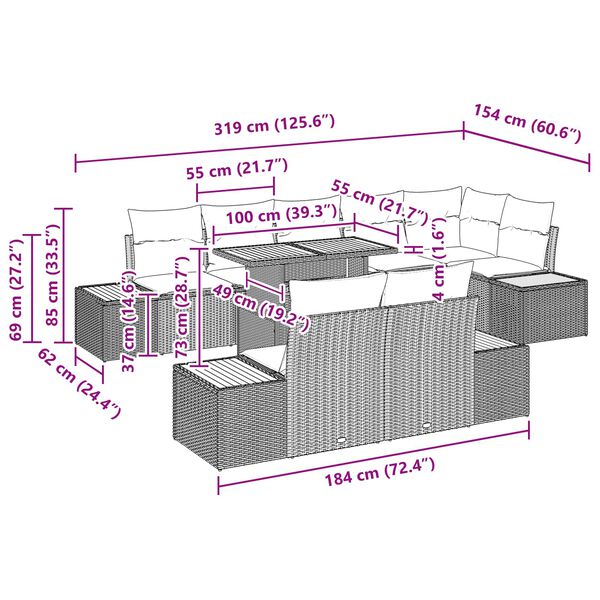 vidaXL Sada zahradn&iacute;ch pohovek s &uacute;loži&scaron;těm 9 pcs Čern&aacute; Poly ratan