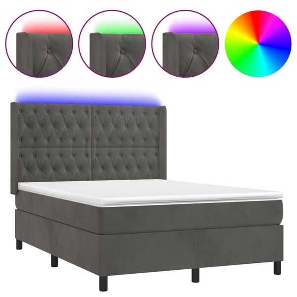 vidaXL Box spring postel s matrac&iacute; a LED tmavě &scaron;ed&aacute; 140x200 cm samet