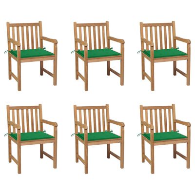 vidaXL Zahradní židle 6 ks zelené podušky masivní teak