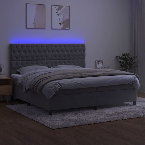 vidaXL Box spring postel s matrací a LED světle šedá 200x200 cm samet