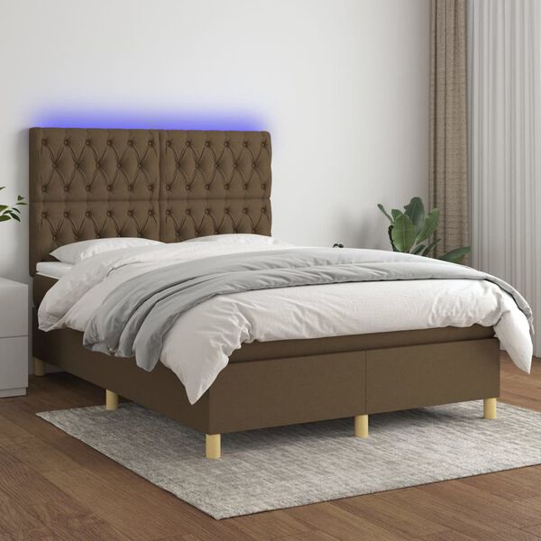 vidaXL Box spring postel s matrac&iacute; a LED tmavě hněd&aacute; 140x200 cm textil