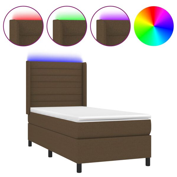 vidaXL Box spring postel s matrac&iacute; a LED tmavě hněd&aacute; 90x190 cm textil