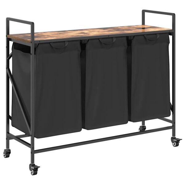 vidaXL Koš na prádlo se 3 přihrádkami a kolečky kouřový dub