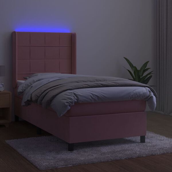 vidaXL Box spring postel s matrac&iacute; a LED růžov&aacute; 90x200 cm samet