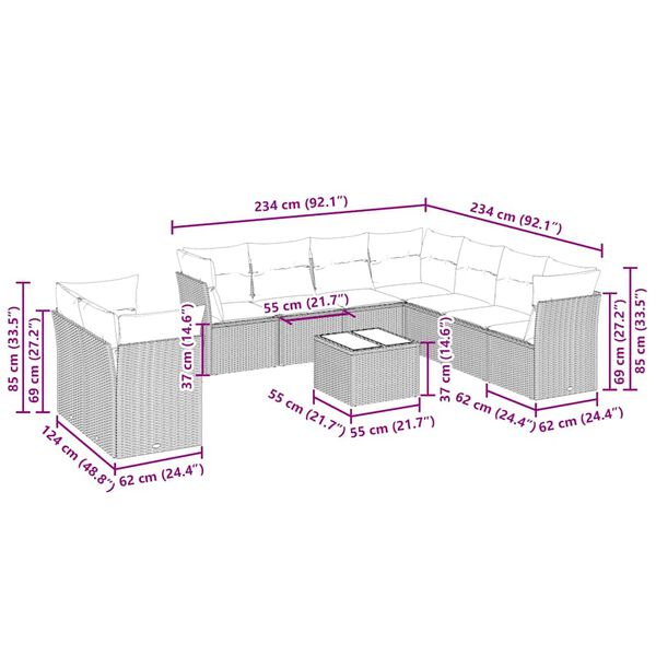 vidaXL 10d&iacute;ln&aacute; zahradn&iacute; sedac&iacute; souprava podu&scaron;ky světle &scaron;ed&aacute; polyratan