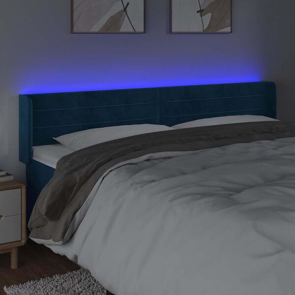 vidaXL Čelo postele s LED tmavě modr&eacute; 203 x 16 x 78/88 cm samet