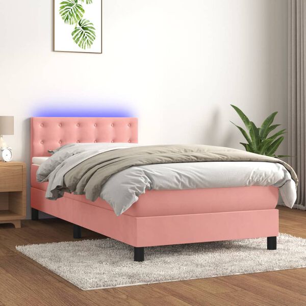 vidaXL Box spring postel s matrac&iacute; a LED růžov&aacute; 90x190 cm samet