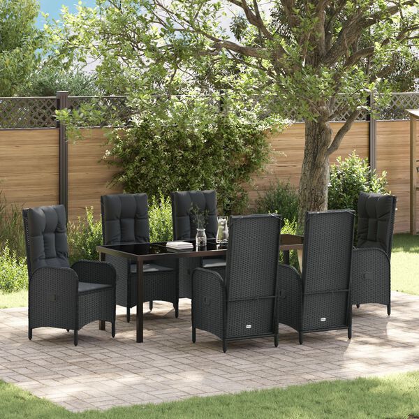 vidaXL Zahradn&iacute; j&iacute;deln&iacute; souprava s pol&scaron;t&aacute;řem 7 pcs Čern&aacute; polyratan