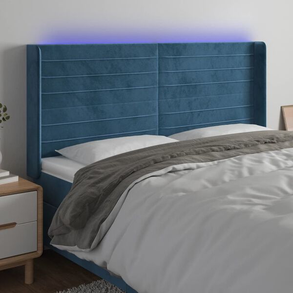 vidaXL Čelo postele s LED tmavě modr&eacute; 163 x 16 x 118/128 cm samet