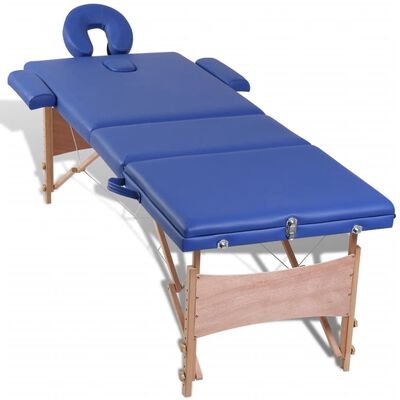 Modrý skládací masážní stůl se 3 zónami a dřevěným rámem