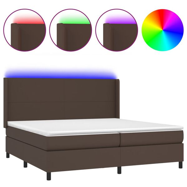 vidaXL Box spring postel s matrac&iacute; a LED hněd&aacute; 200x200 cm uměl&aacute; kůže