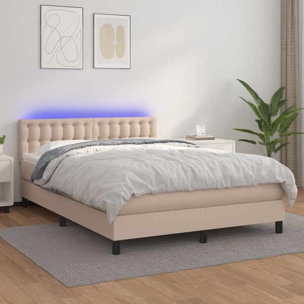 vidaXL Box spring postel matrace a LED cappuccino 140x200cm uměl&aacute; kůže