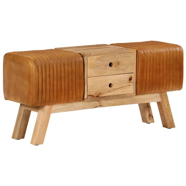 vidaXL Lavice hněd&aacute; 107 cm prav&aacute; koz&iacute; kůže masivn&iacute; mangovn&iacute;kov&eacute; dřevo