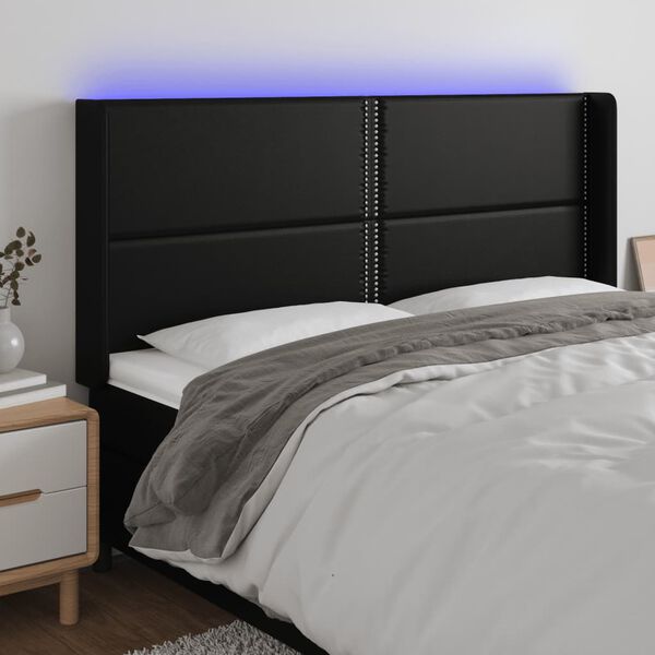vidaXL Čelo postele s LED čern&eacute; 203 x 16 x 118/128 cm uměl&aacute; kůže