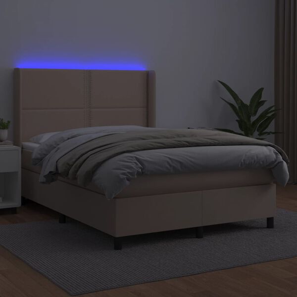 vidaXL Box spring postel matrace a LED cappuccino 140x200cm uměl&aacute; kůže