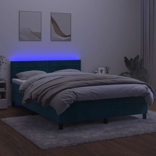 vidaXL Box spring postel s matrac&iacute; a LED tmavě modr&aacute; 140x190 cm samet